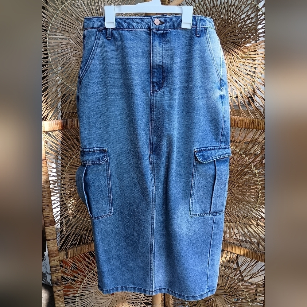 Love Fire 100% Cotton Denim Cargo Midi Skirt_13